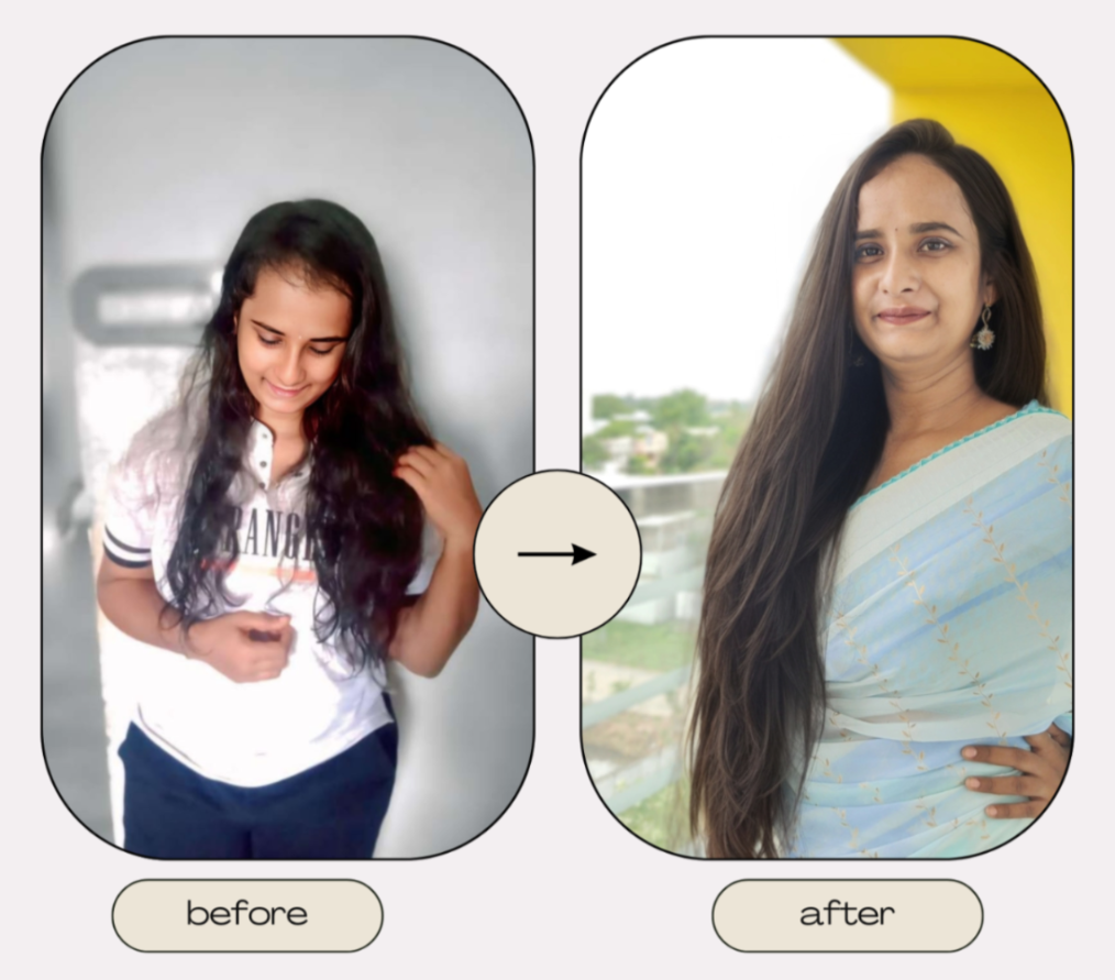 Before and after transformation of a woman with long hair, showing hairfall and less hair growth, using Grow Auraa Hair Oil and Tress Fuel Food Mix.